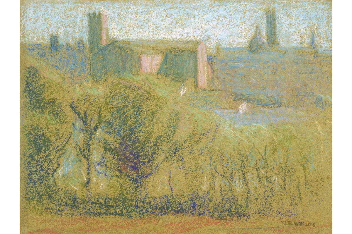 Landscape with buildings, water and trees