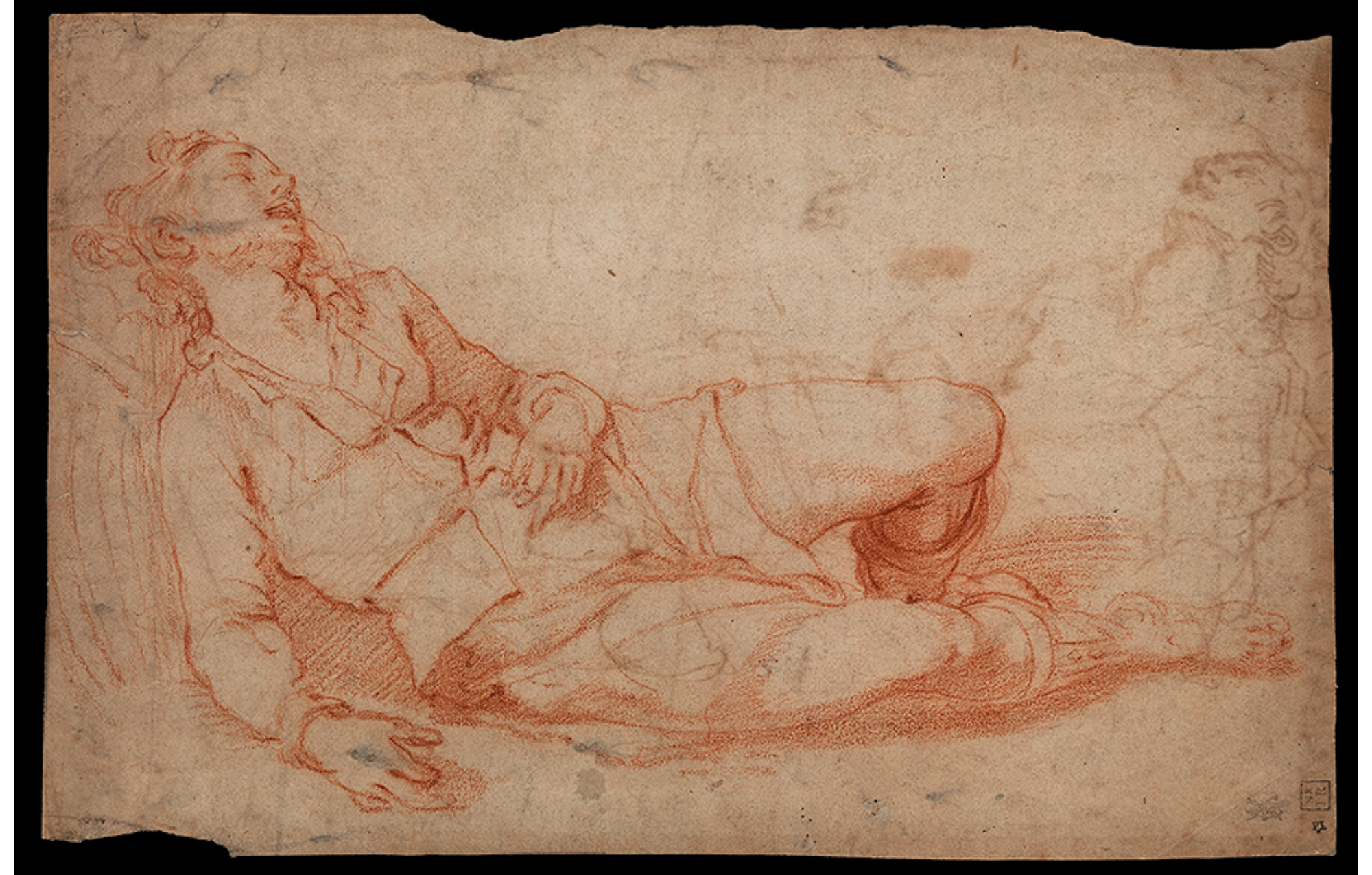young man sleeping with head back, mouth open, proper left leg bend, proper left arm bent over waist on both sides of paper