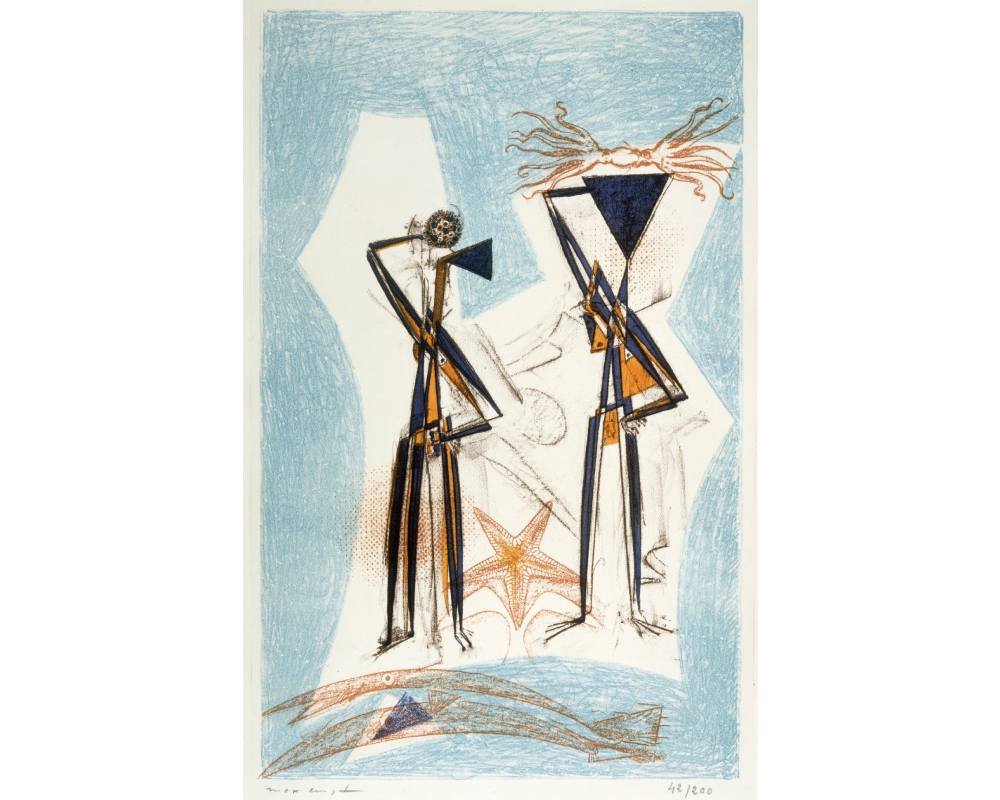 two stylized stick-like figures standing; figures are blue and orange; white background surrounded by blue