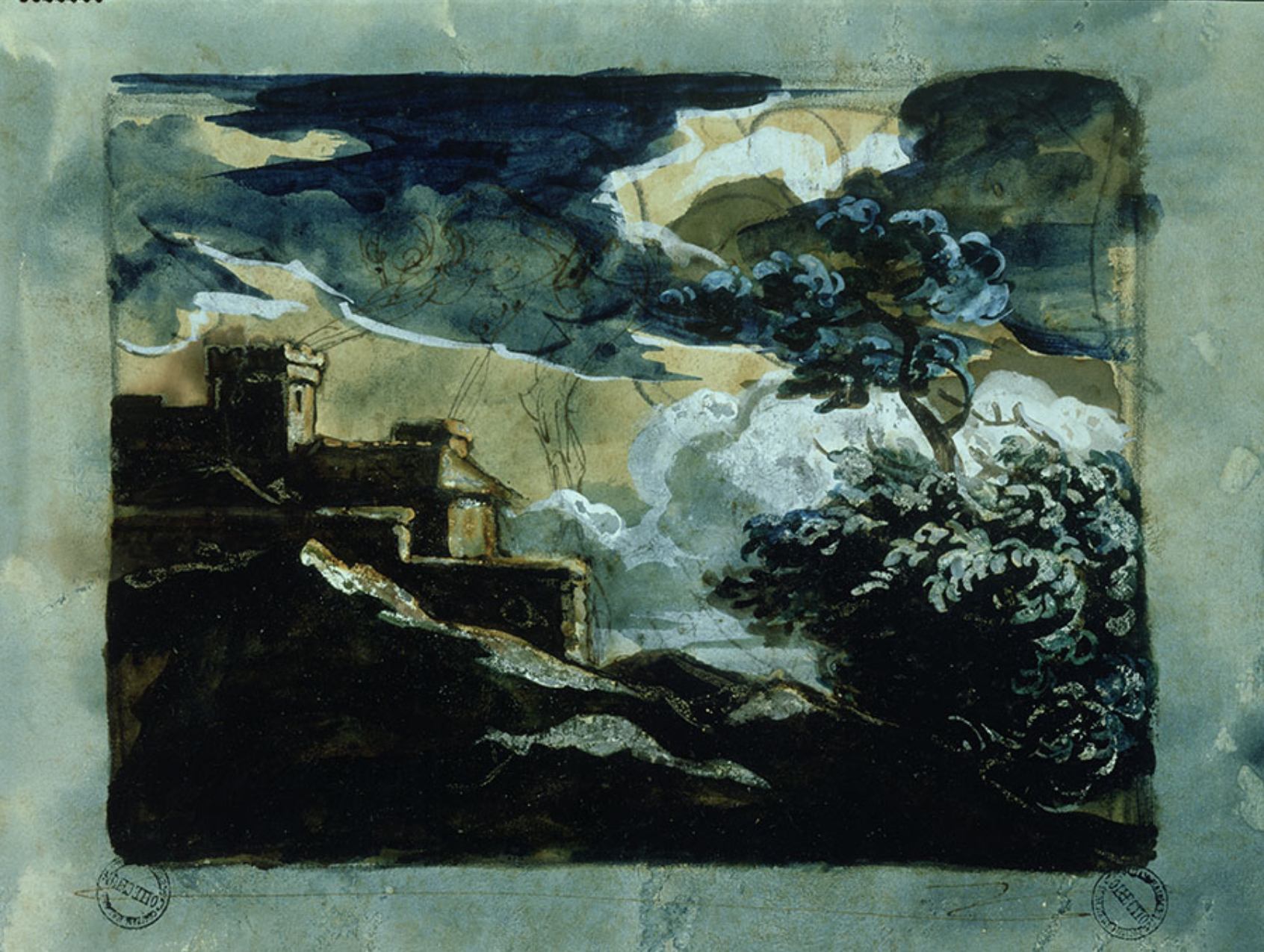 landscape with stone building on ricky shore under stormy