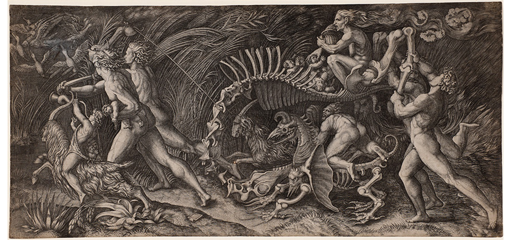 witches riding a carcas; men and various grotesque figures chasing them