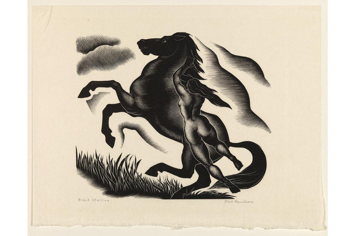 Nude woman with long hair holding onto mane of a rearing black horse, dark clouds in sky, dark spiky grass below horse.