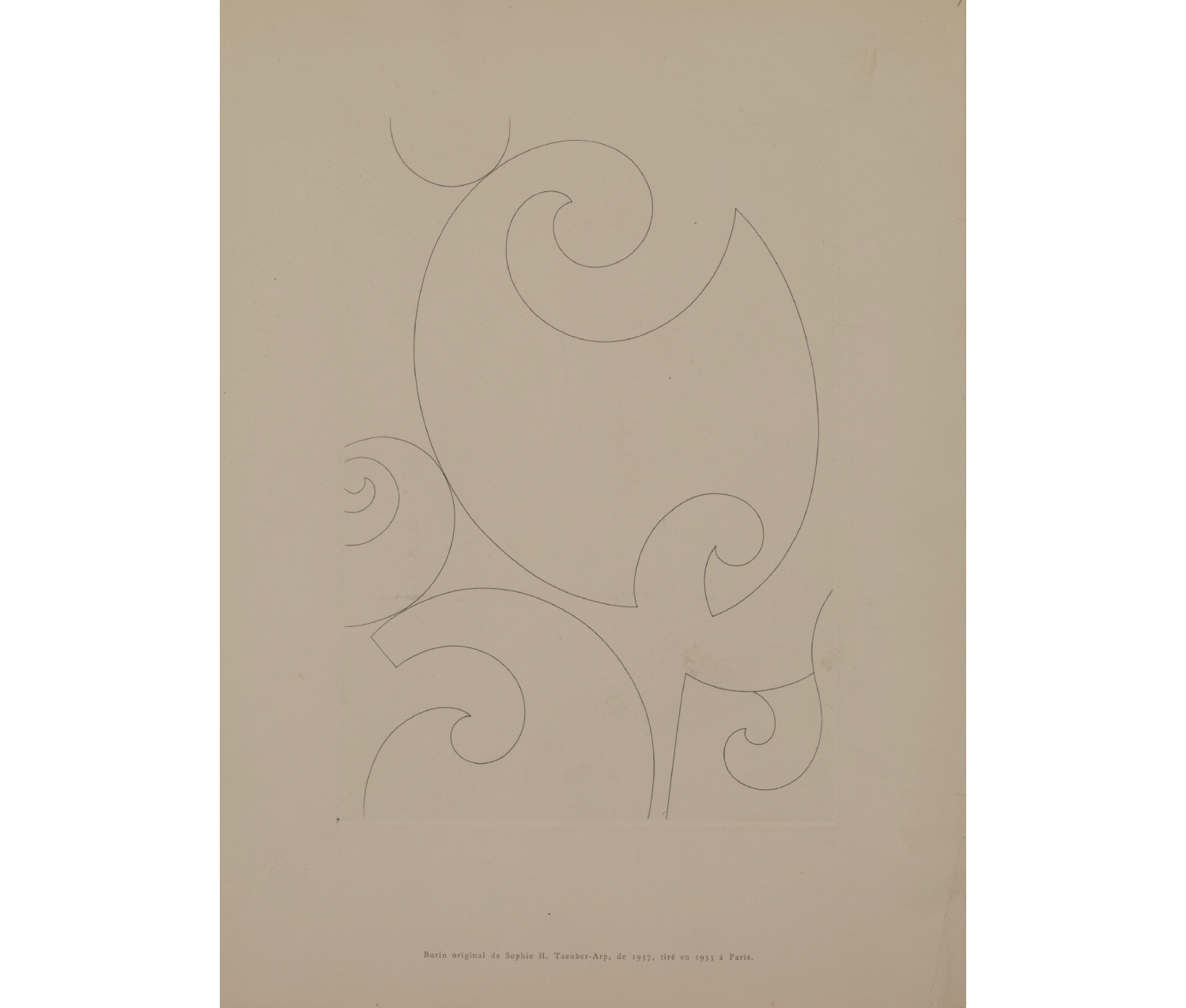 curved linear figures; printed below: "Burin original de Sophie H. Taeuber-Arp, de 1937, tiré en 1955 à Paris."