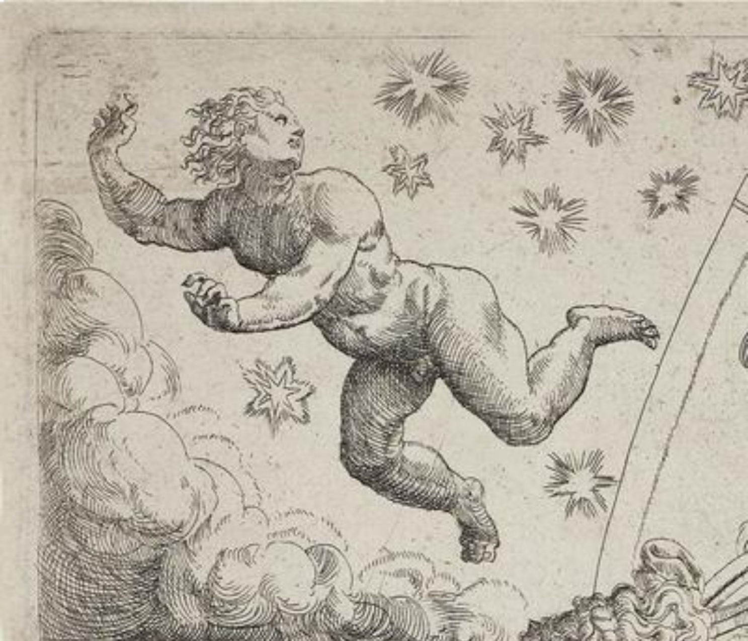 Detail: male figure suspended in mid-air; he looks above and behind him to a collection of stars; below him are clouds
