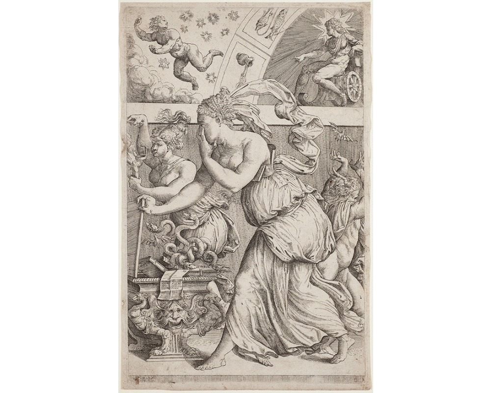 goddess opening ornate carved chest filled with snakes and books; pointing with one hand to her eyes; above her two figures; one floating in a starry sky; another figure seated