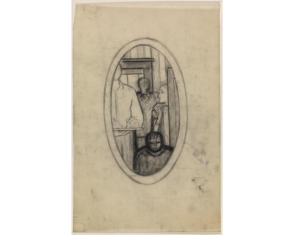 oval frame with four figures inside, one at left holding sketchpad and pencil, one at right partially hidden by a painting