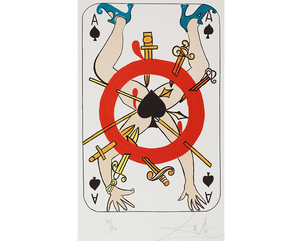playing card with spread arms and legs, ace covering where the legs are spread; red circle around the ace