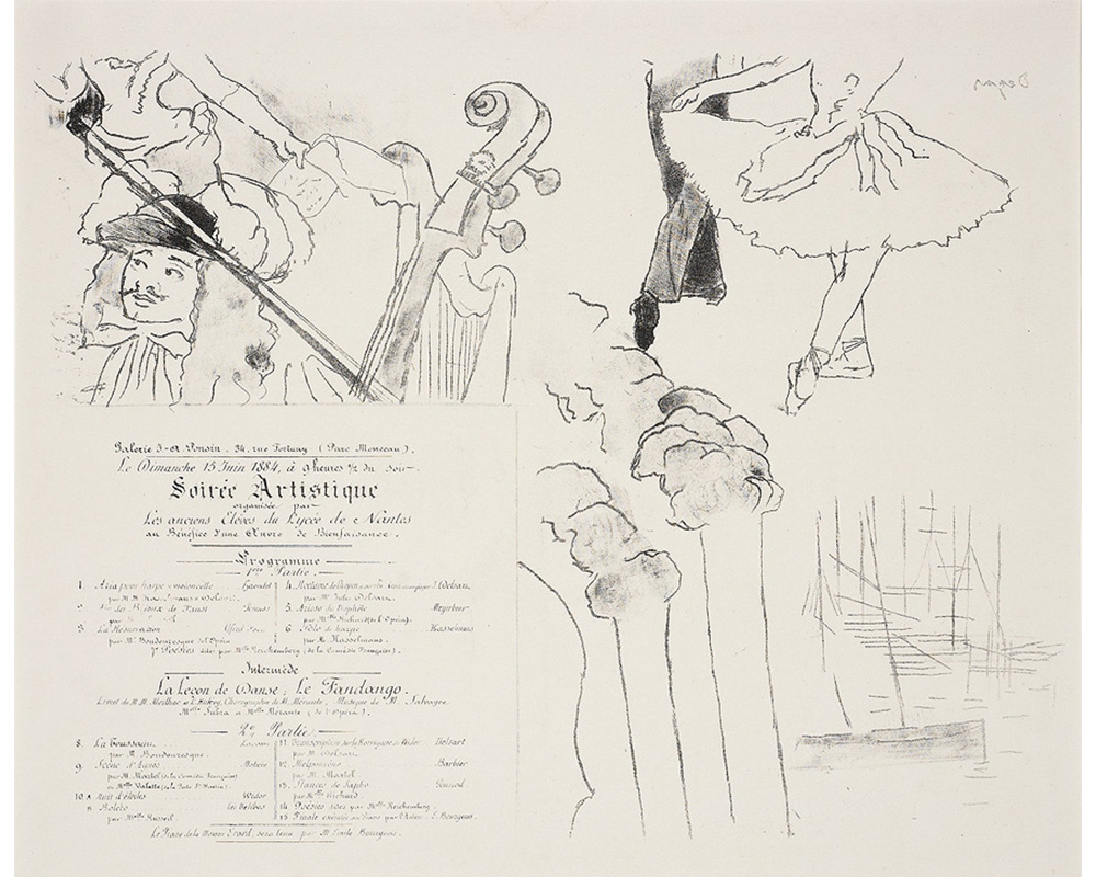 drawings of ballerina's feet and man playing a cello, with French advertisement for a show in the bottom left corner 