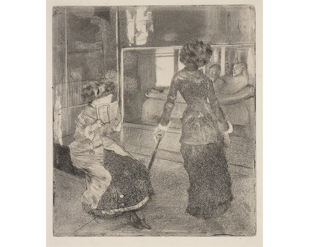 Two women visiting a museum, seen from the back. woman on the right leans on her umbrella