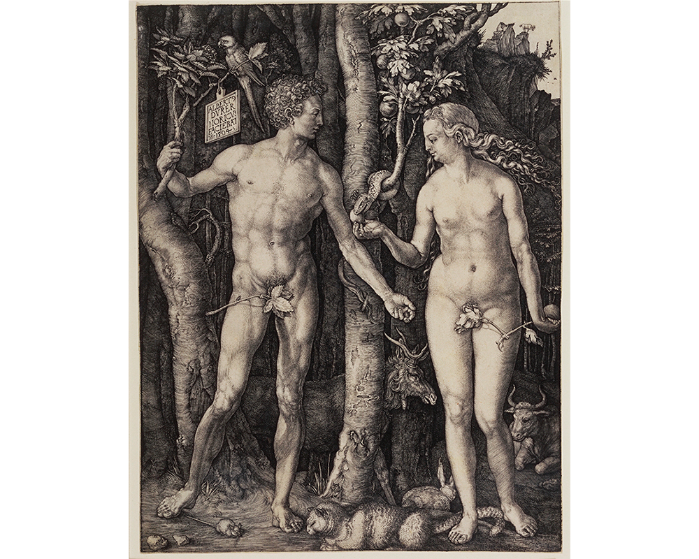 Adam and Eve, side by side, heads turned toward each other; next to trees and animals
