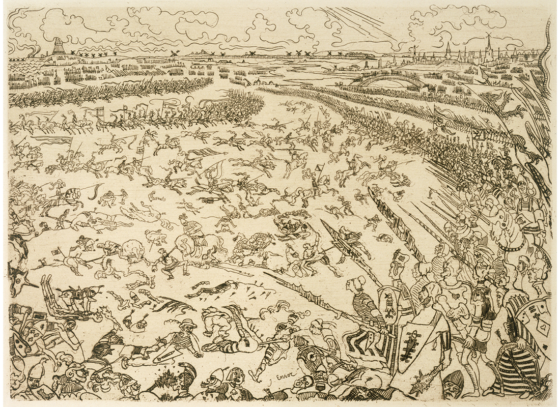 drawing of soldiers on a battlefield; clouds in the sky above