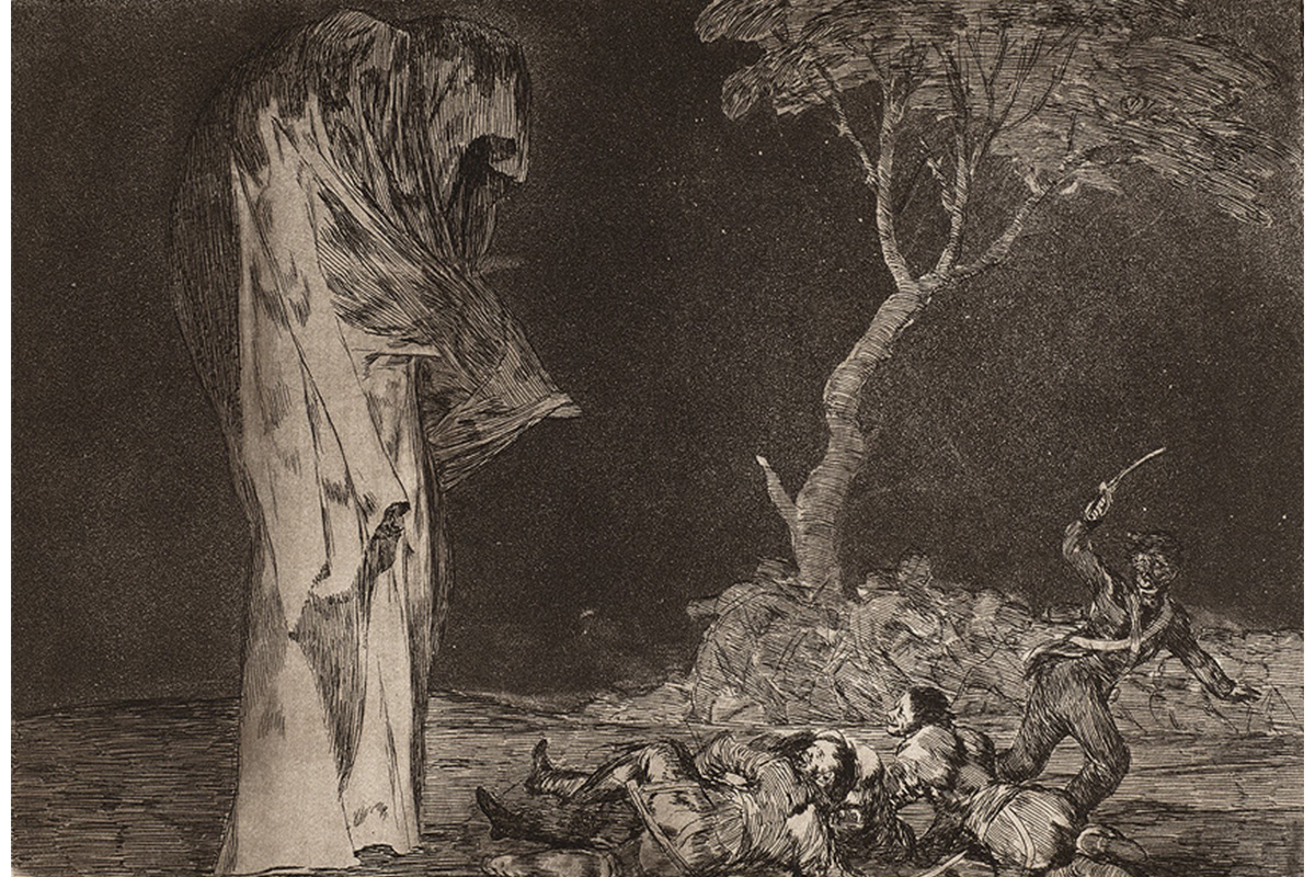 cloaked personification of death on the left looking down to a group of frightened soldiers; a tree on the right