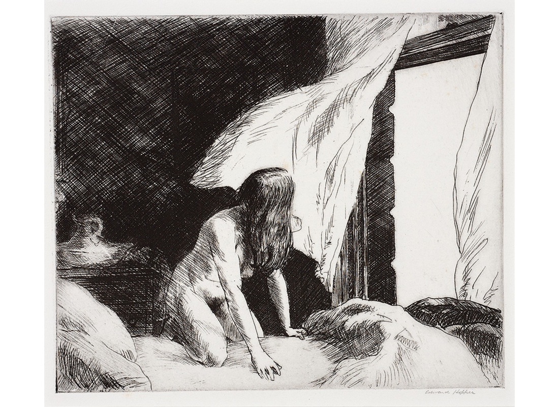 girl kneels in a bed, facing away from the viewer toward a window with blowing curtains