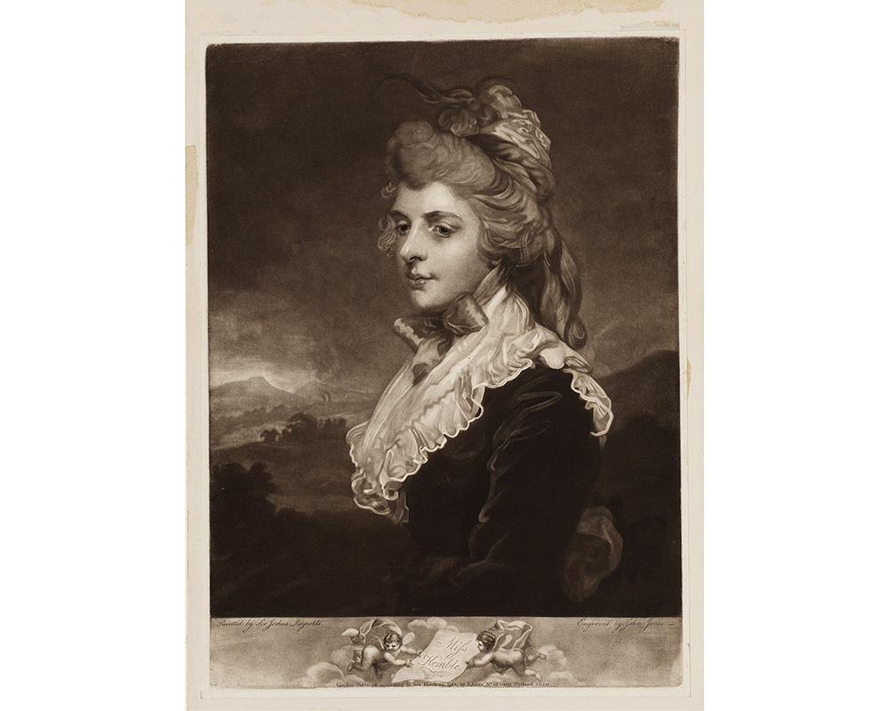 half-length portrait of a young woman with long curly hair, wearing a large lace collar, dark dress, a bow around her neck and a feather in her hair; landscape with rolling hills and cloudy sky in background; two putti holding a sheet of paper below portrait with MISS KEMBLE written on it