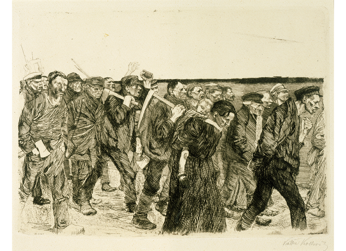 group of people (mostly men) walking from left to right; man in center middle ground carrying scythe, two other men carrying axes; woman in center foreground carrying sleeping child on her back