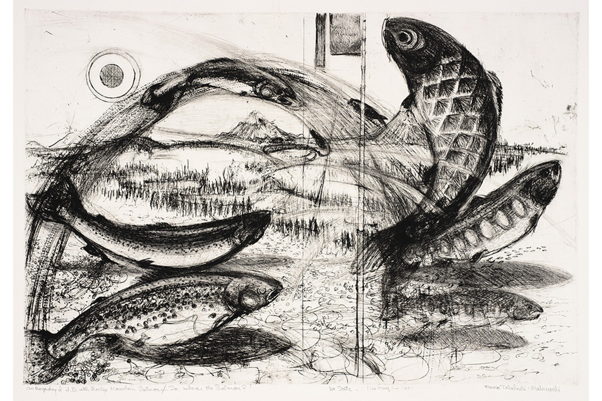 landscape with sun at upper left, large arch of water with two salmon at lower left and three at right, top one arching back toward top center image