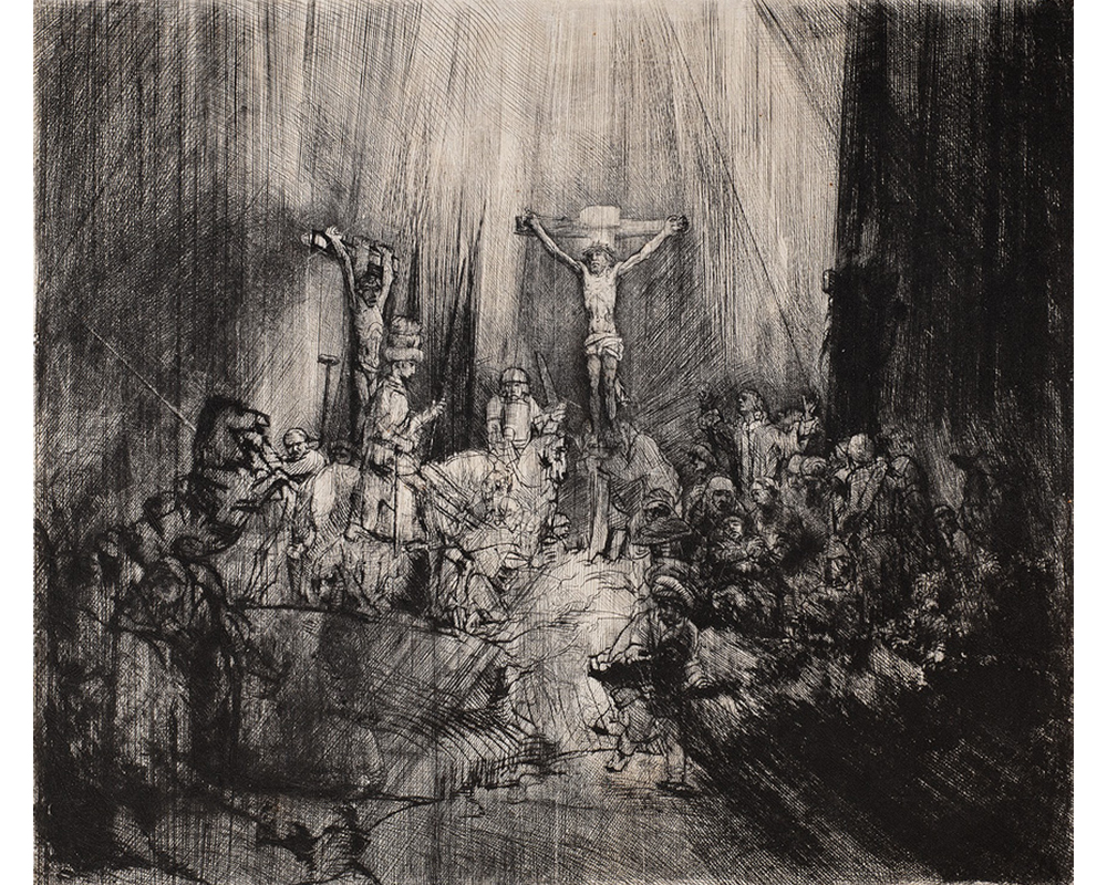 crucifixion scene; Christ on the cross with crowd in front of him