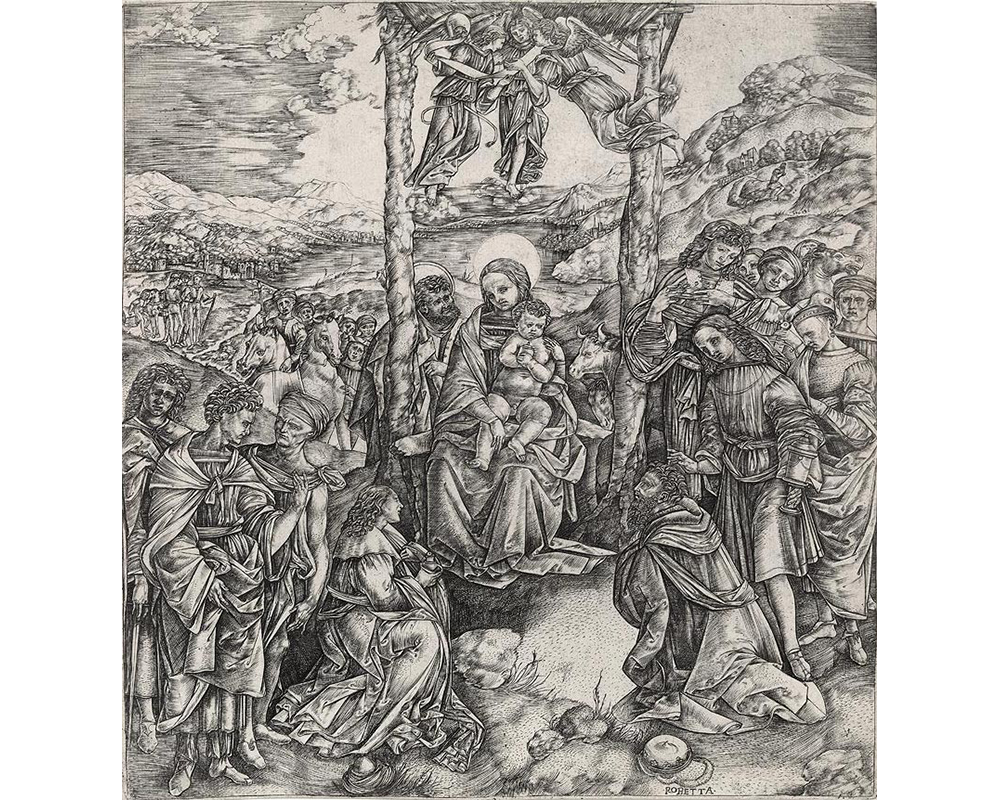 The Virgin and Child seated between two trees, with three angels overhead and Saint Joseph behind them, a crowd of figures on either side, two in the front kneeling, more people with horses in mid-distance, rolling hills with scattered dwellings in distance