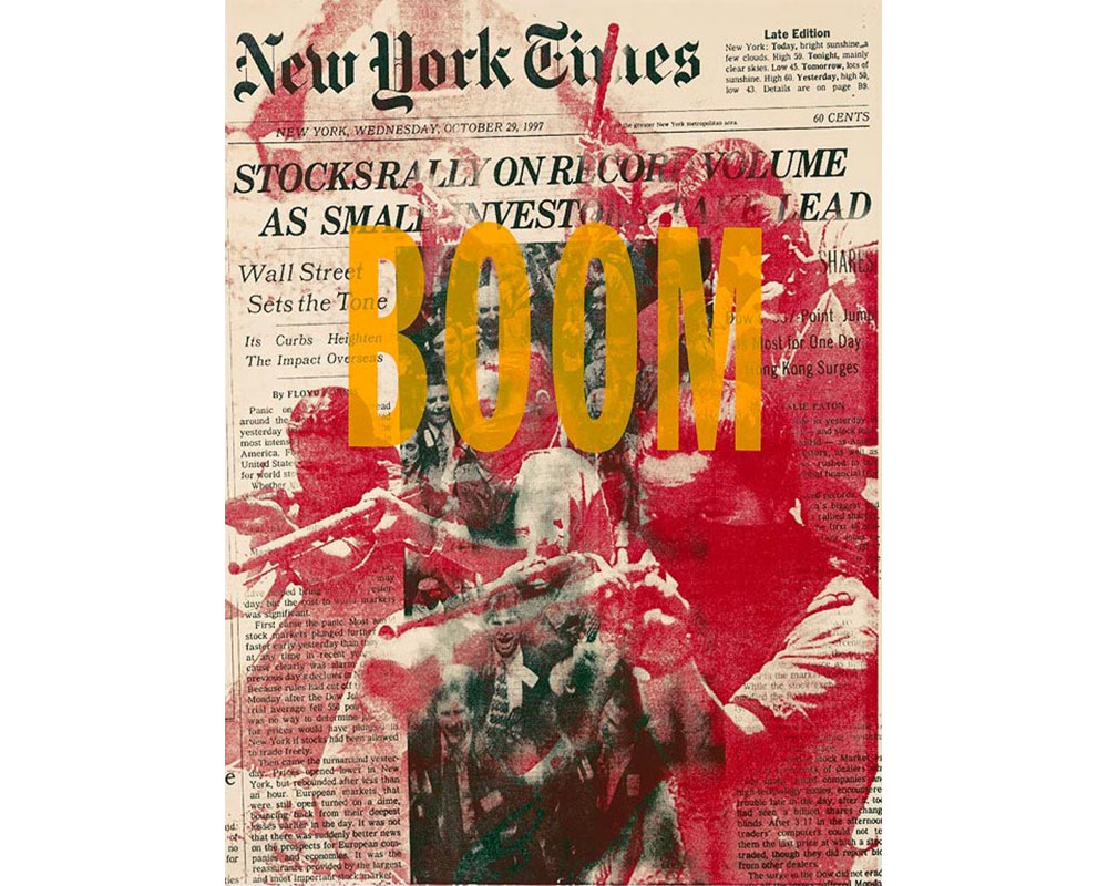 front page of New York Times for October 29, 1997 overlain with figures shooting guns printed in red and and BOOM in bright gold over them