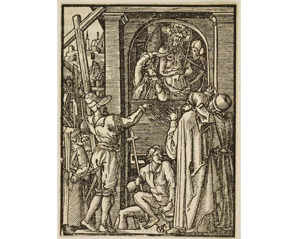 In an archway stands Christ with the crown of thorns and a man on either side of him. Slightly below him is a group of six men, all gesturing at him or each other. To the left are three crosses.