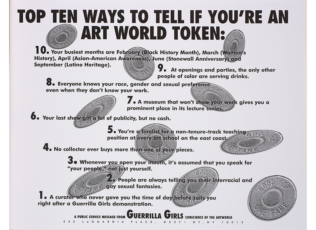 grey subway tokens scattered over white sheet, black text with numbers alternating between left side of sheet and center of sheet: TOP TEN WAYS TO TELL IF YOU'RE AN / ART WORLD TOKEN followed by list