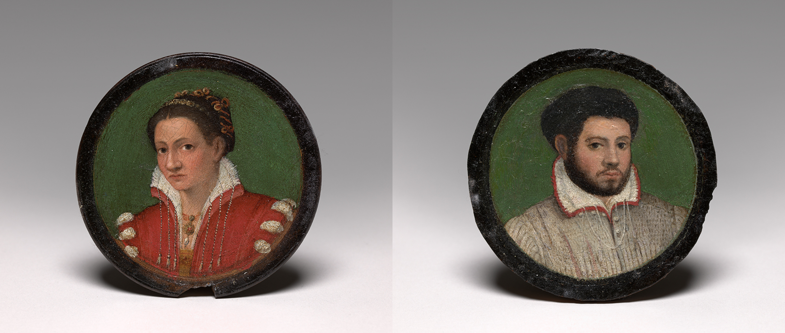 left: circular portrait of a woman in a red dress; right: circular portrait of a man in a white shirt