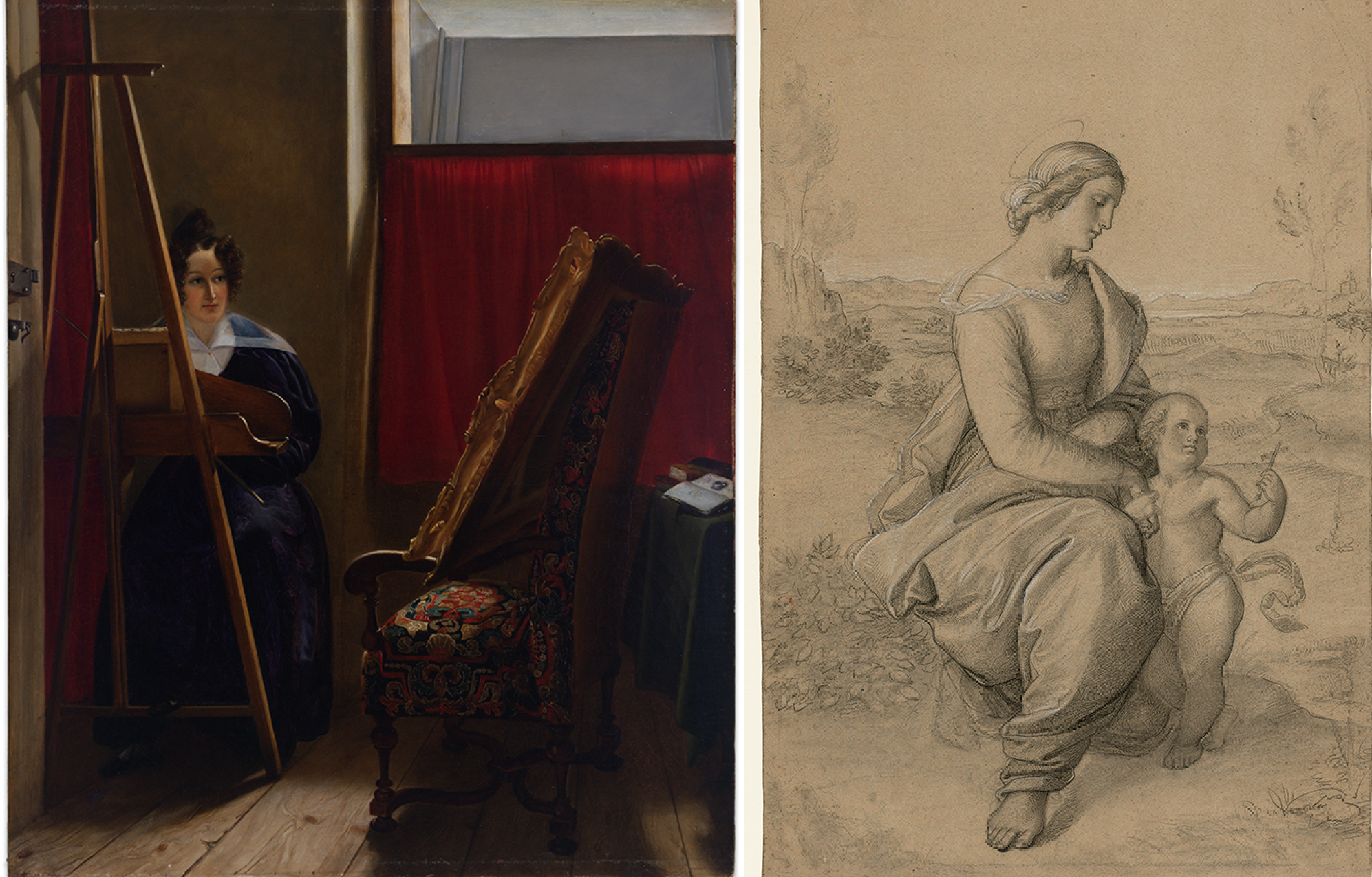 left: woman seated at easel looking at a propped up painting; right: woman with a halo seated on a rock outside turned toward the left; standing child holding her hand and a cross standing to the right