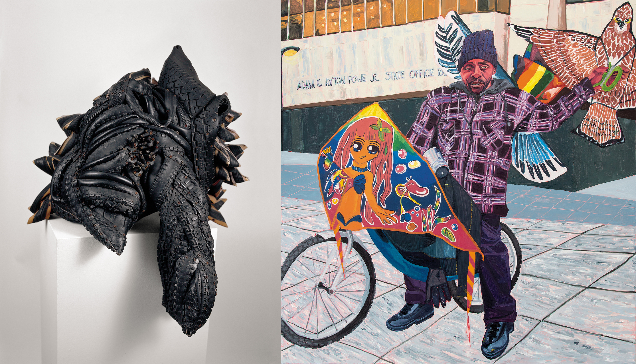 Left: amorphous, black, phallic, sculpture of leather-looking tire rubber drooping over a white, square pedestal; left: colorful painting of a brown-skinned man on a bike. A kite with an anime figure covers the front of his handlebars; he holds two bird kites above his head in one hand.