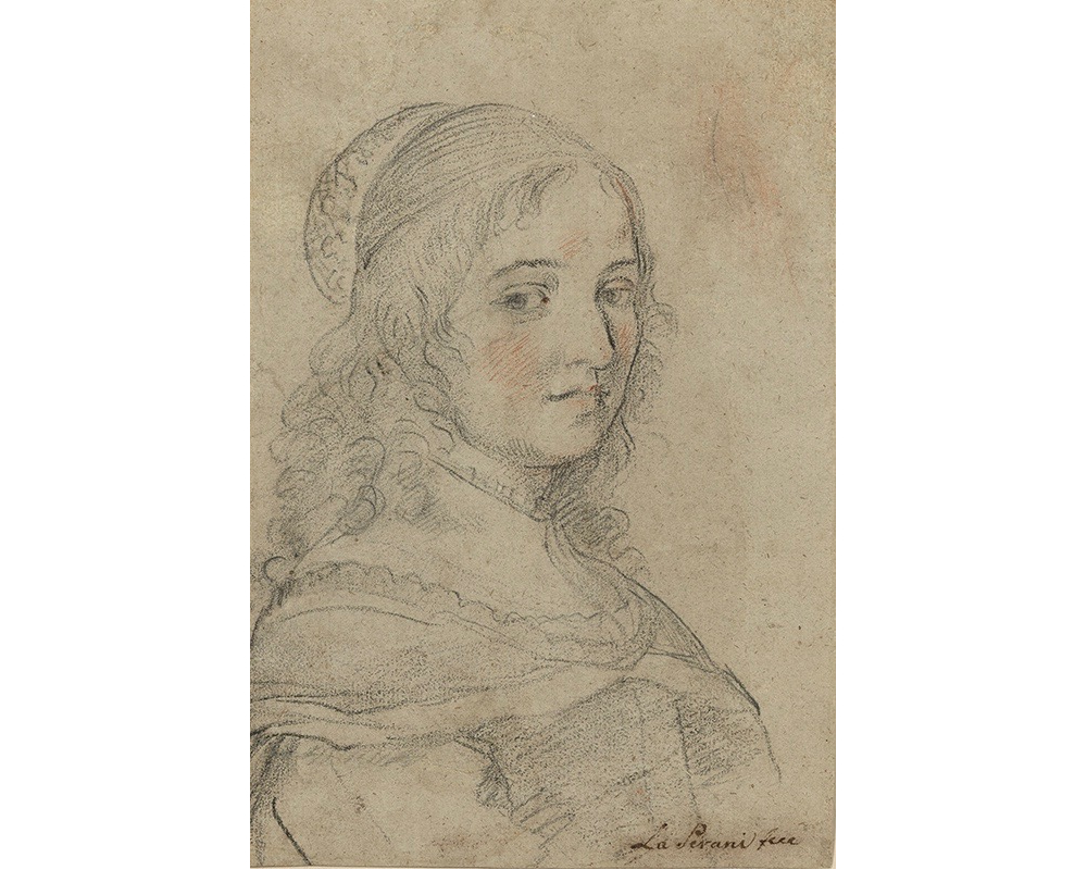 3/4 portrait of a woman turned towad the right with her face toward the viewer. Her hair is down and she wears a high-necked lace-trimmed dress