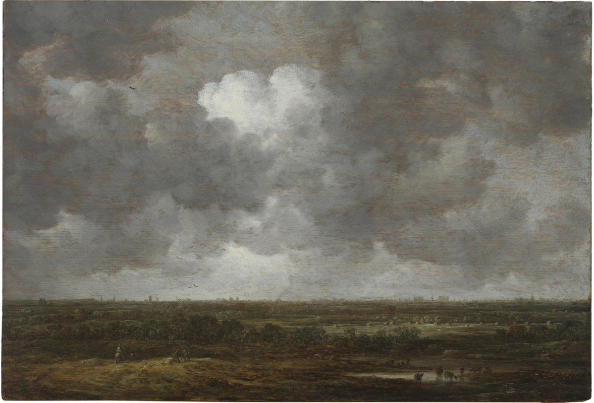 landscape; the sky is dark with billowing clouds, small people and livestock are visible at the fore of the wide, flat land; low collections of buildings can be made out on the horizon