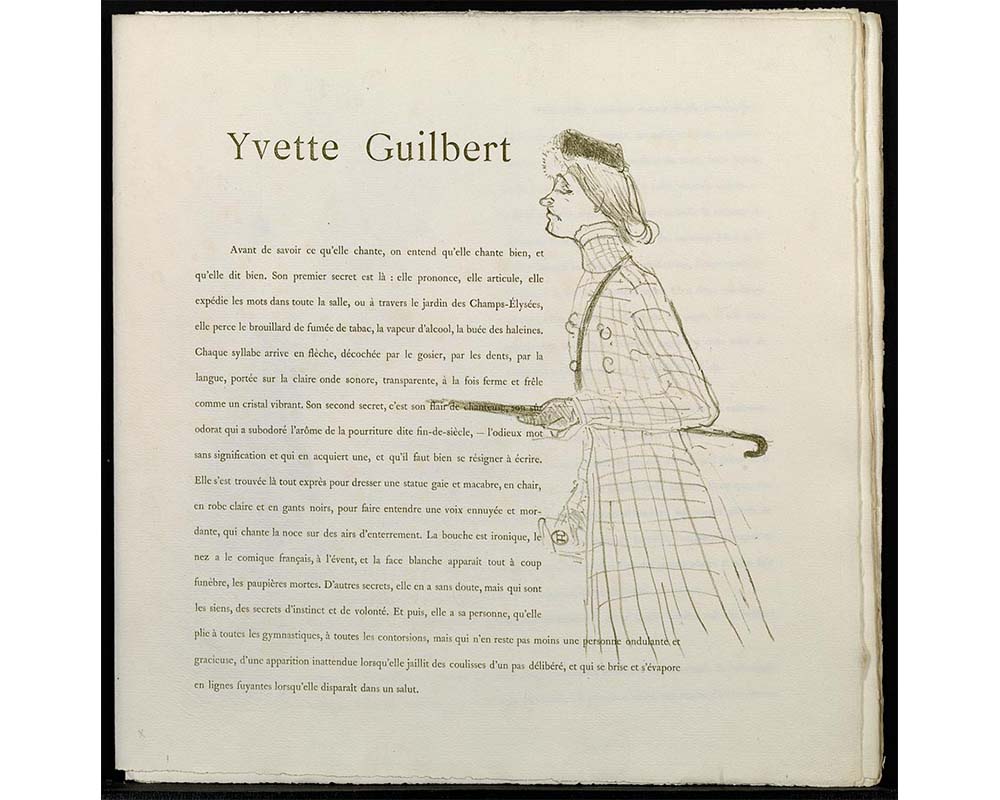 profile of woman wearing plaid coat and cloves, carrying an umbrella. to the left, title text "YVETTE GUILBERT" and smaller body of text written in French underneath