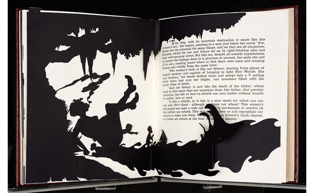 black cut-outs of a tree, a woman sitting underneath it smoking, and children sailing a toy boat on the water; text to the right of the cut-out images