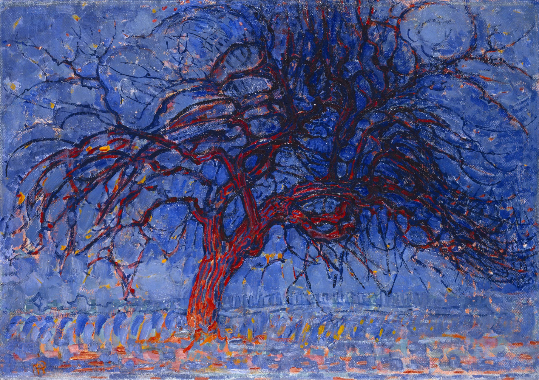 Red tree on blue