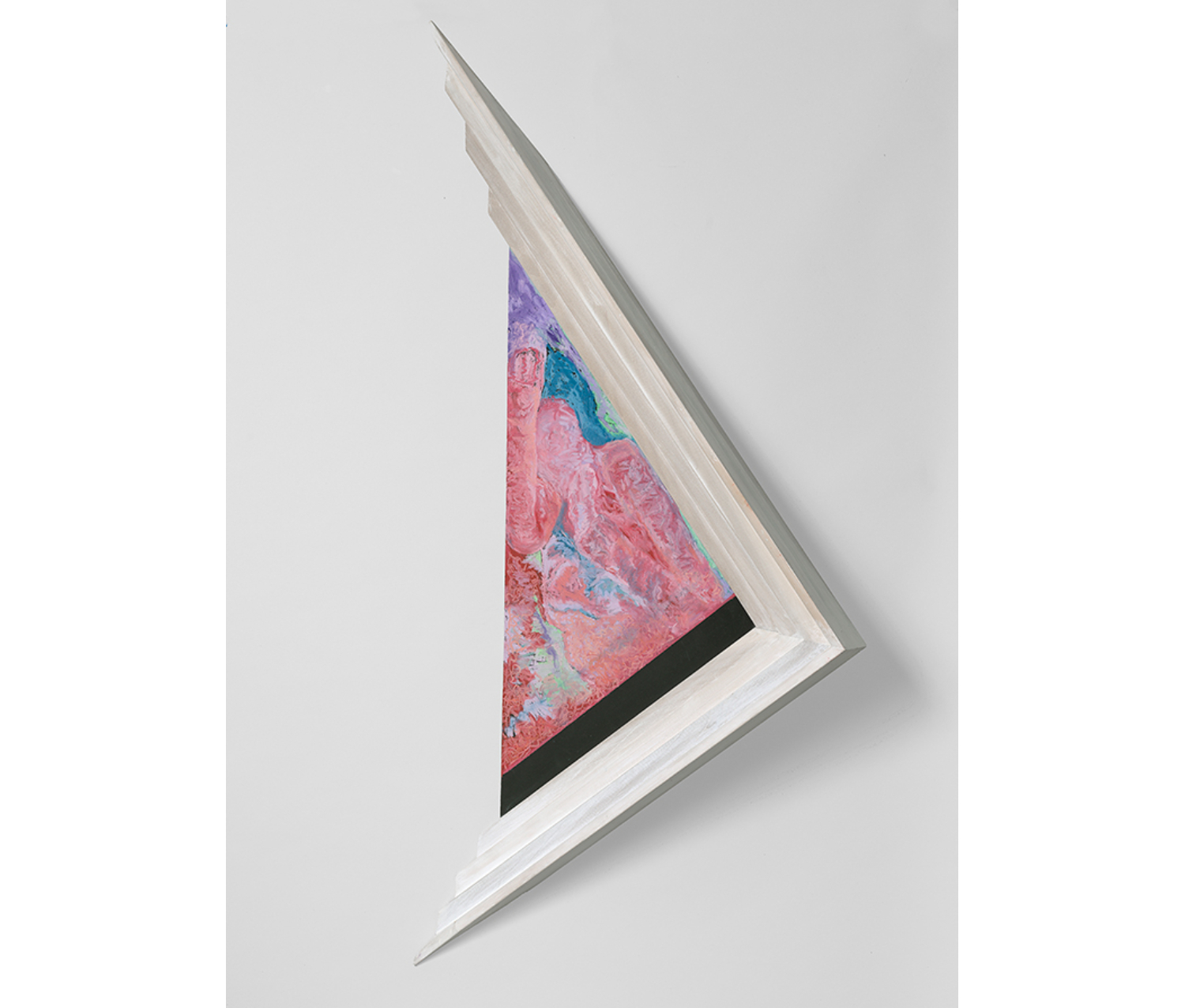 Corner of abstract pink and blue painting in a white frame sticks out from wall as if emerging from the wall