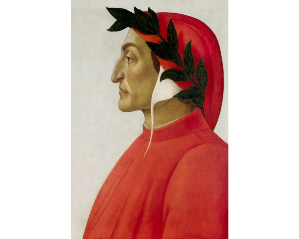 Profile of man with his head wrapped in a red cloth and black branch of leaves