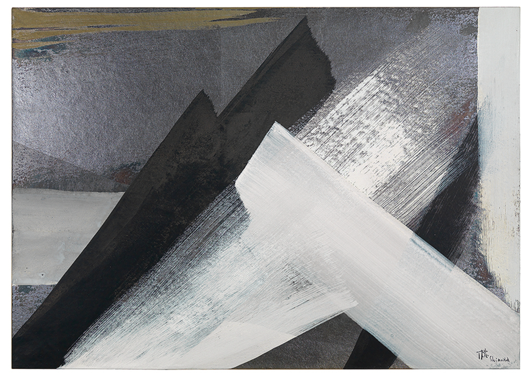 abstract; silver and gold ground with a small amount of bronze with wide slashes of black, medium gray and light gray overlapping diagonals