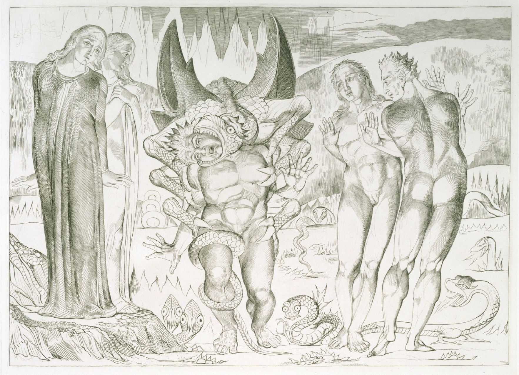 Four figures two dressed and two nude, watching a winged monster devour a nude man