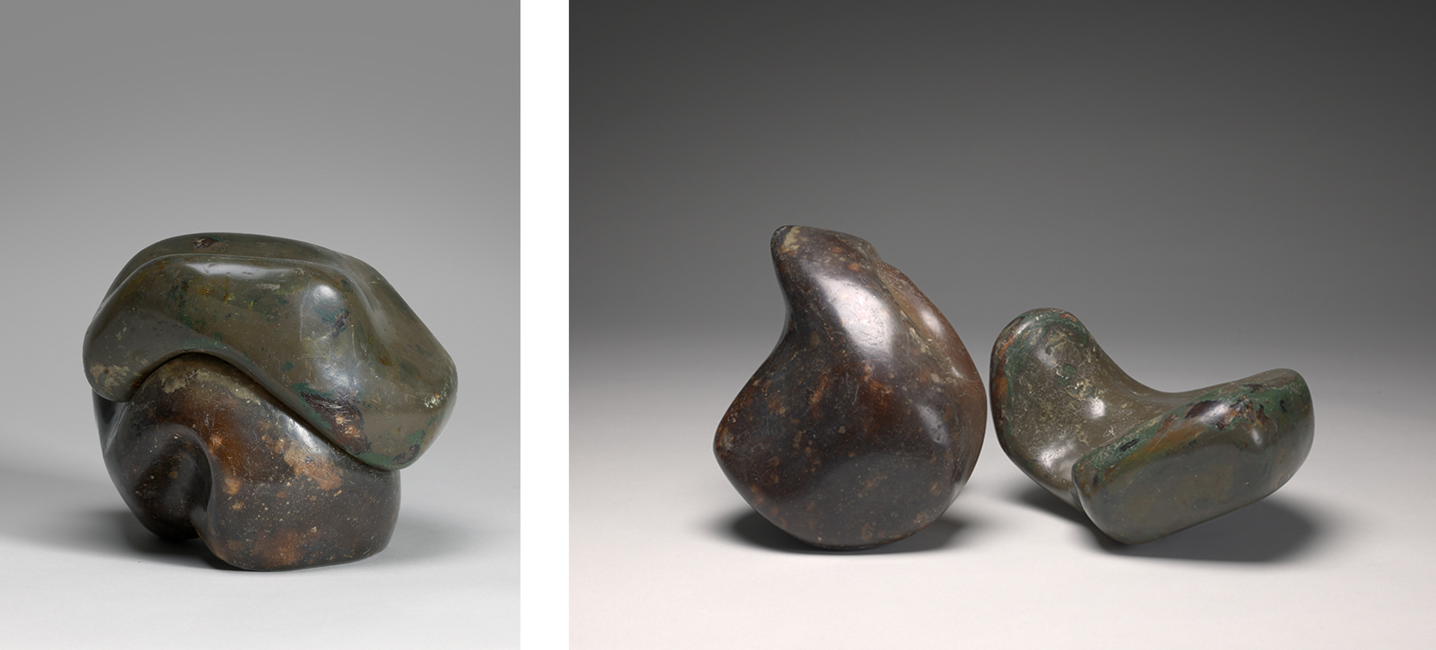 two images of sculpture in two undulating parts that fit together in a cube-like shape; smooth yet textured surface; one half is more green in tone, other half is a richer brown; left: two pieces fit together; right: two pieces separate and sitting next to each other