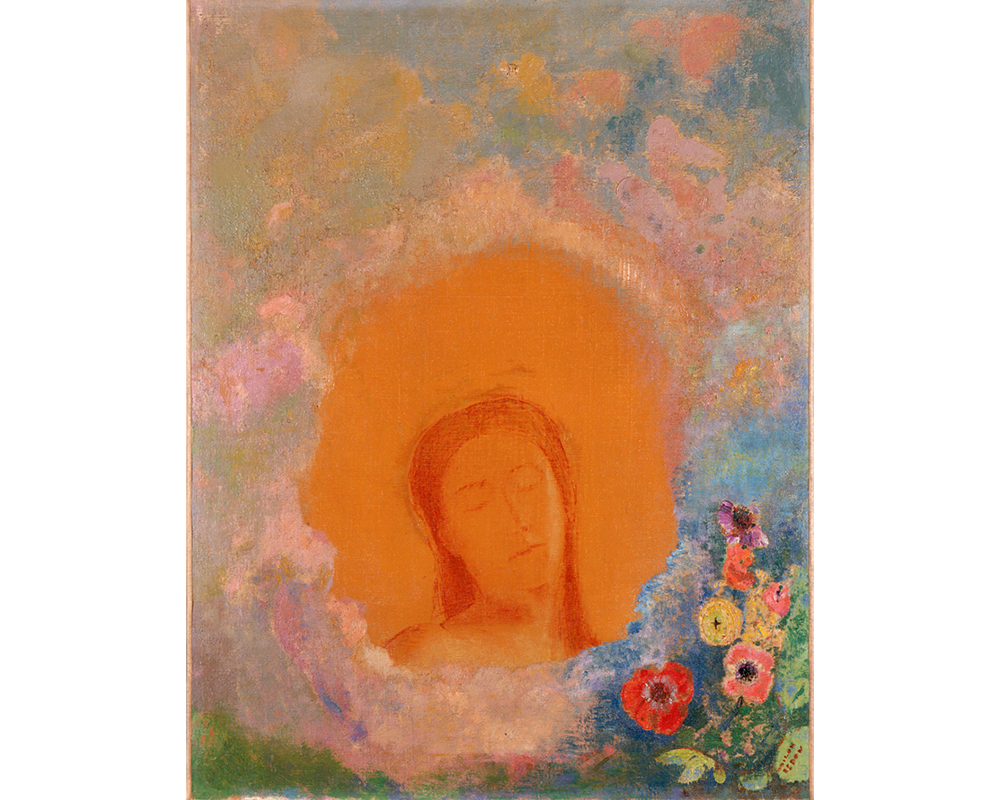 head with long hair and closed eyes inside of orange circle; clouds and flowers surround the outside the circle
