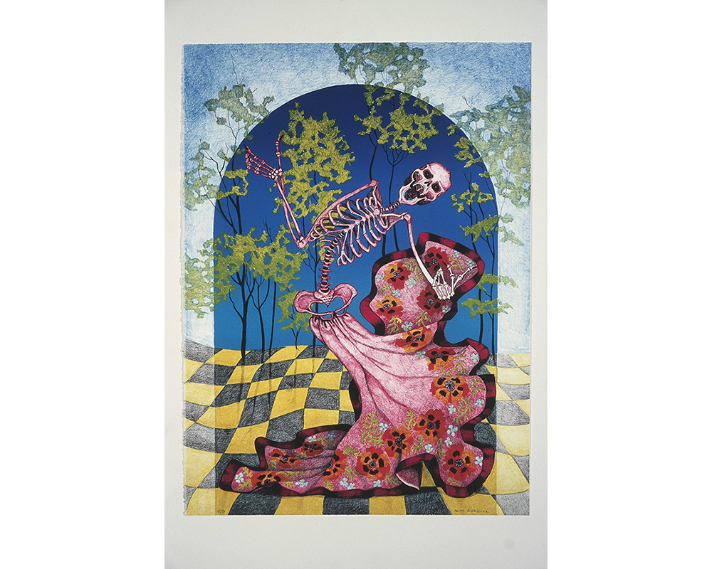skeleton in a flowered pink skirt dancing on a yellow and black checked floor under an arch with dark blue sky and trees behind