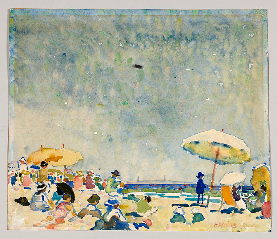 Watercolor painting of a busy beach by Alice Schille, titled Beach Scene. 