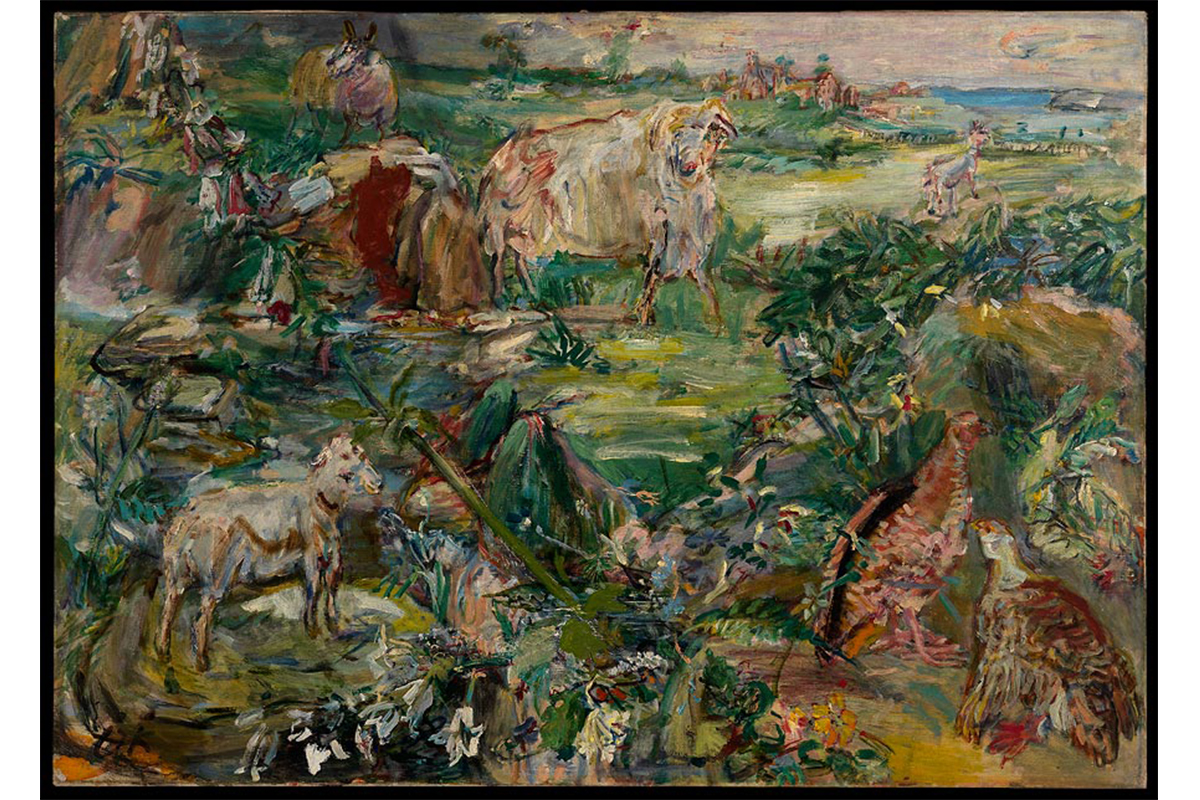 landscape of fields with numerous animals, including pheasant and sheep, rendered with expressive brushstrokes