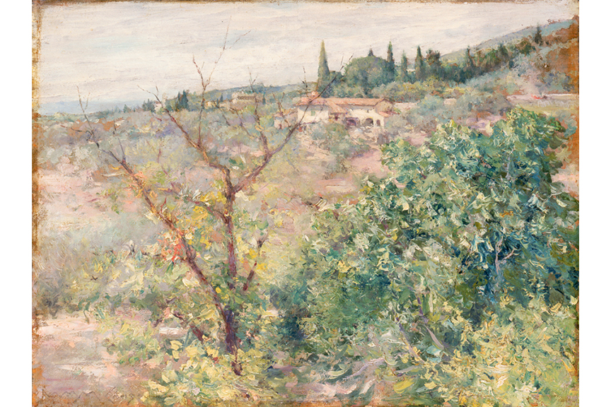 landscape with trees and green bushes; small buildings appear further away in the background