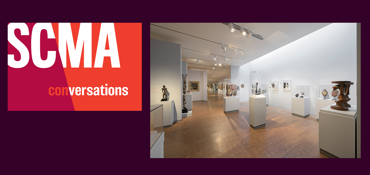 Image of the "SCMA conversations" logo on the right and an image of the African art gallery on the left.