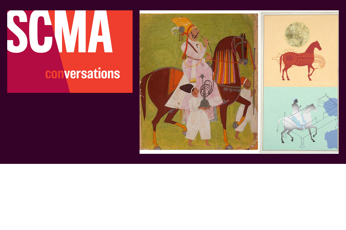 SCMA Conversation text logo to the left of and image of a man riding a horse next to two abstract artworks of horse riding.