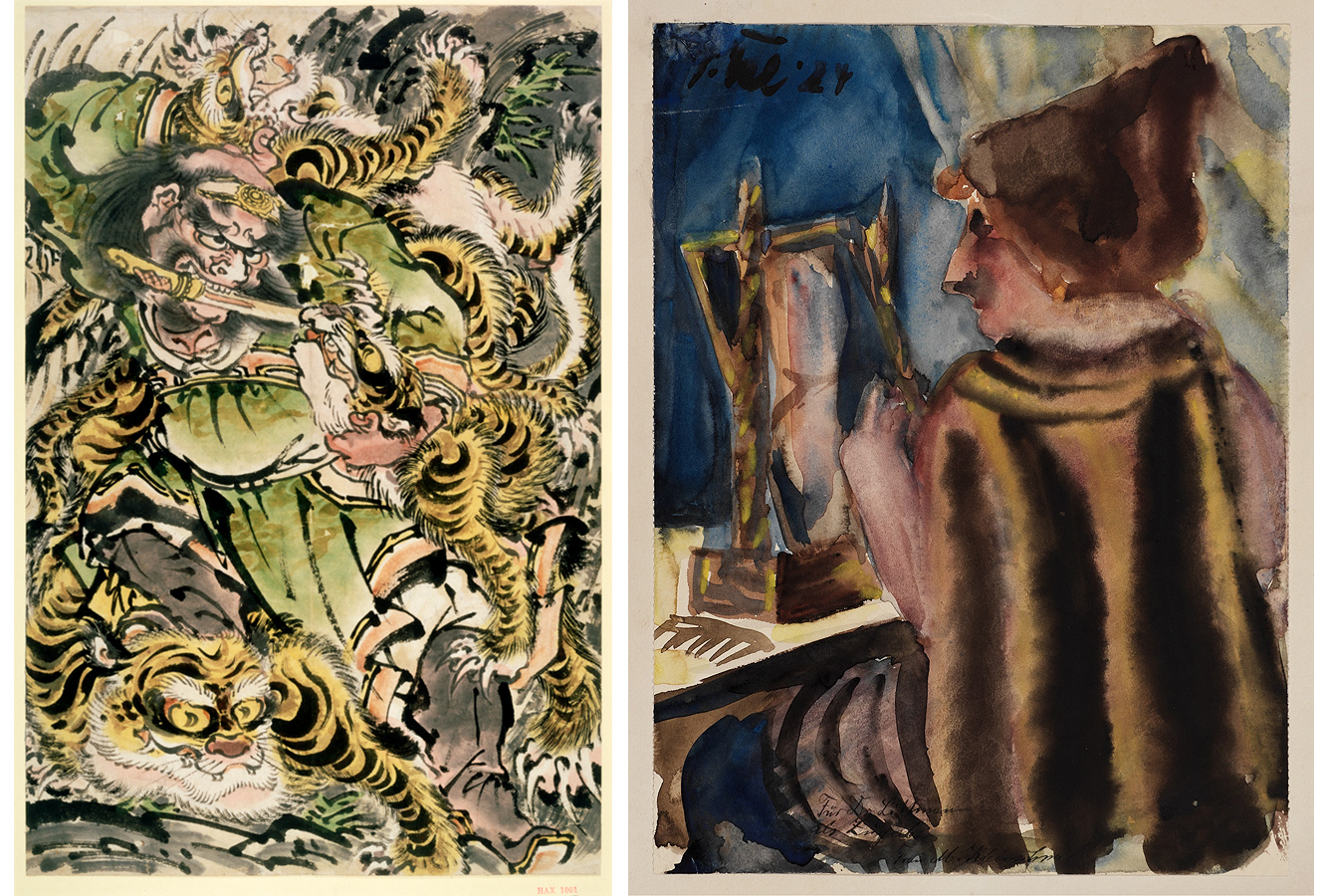 ASian image of a swirl of dragons on left with watercolor image of a man in robe on the right