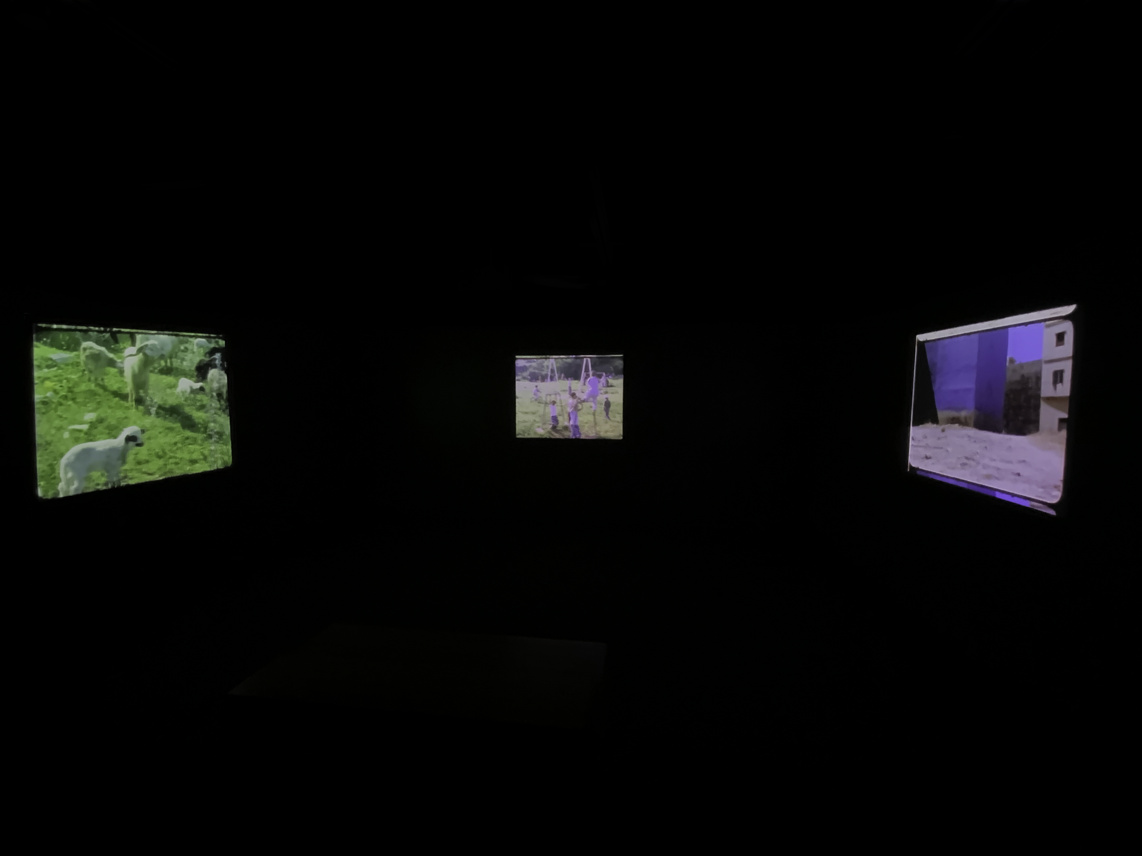 Image of three screens in a dark gallery