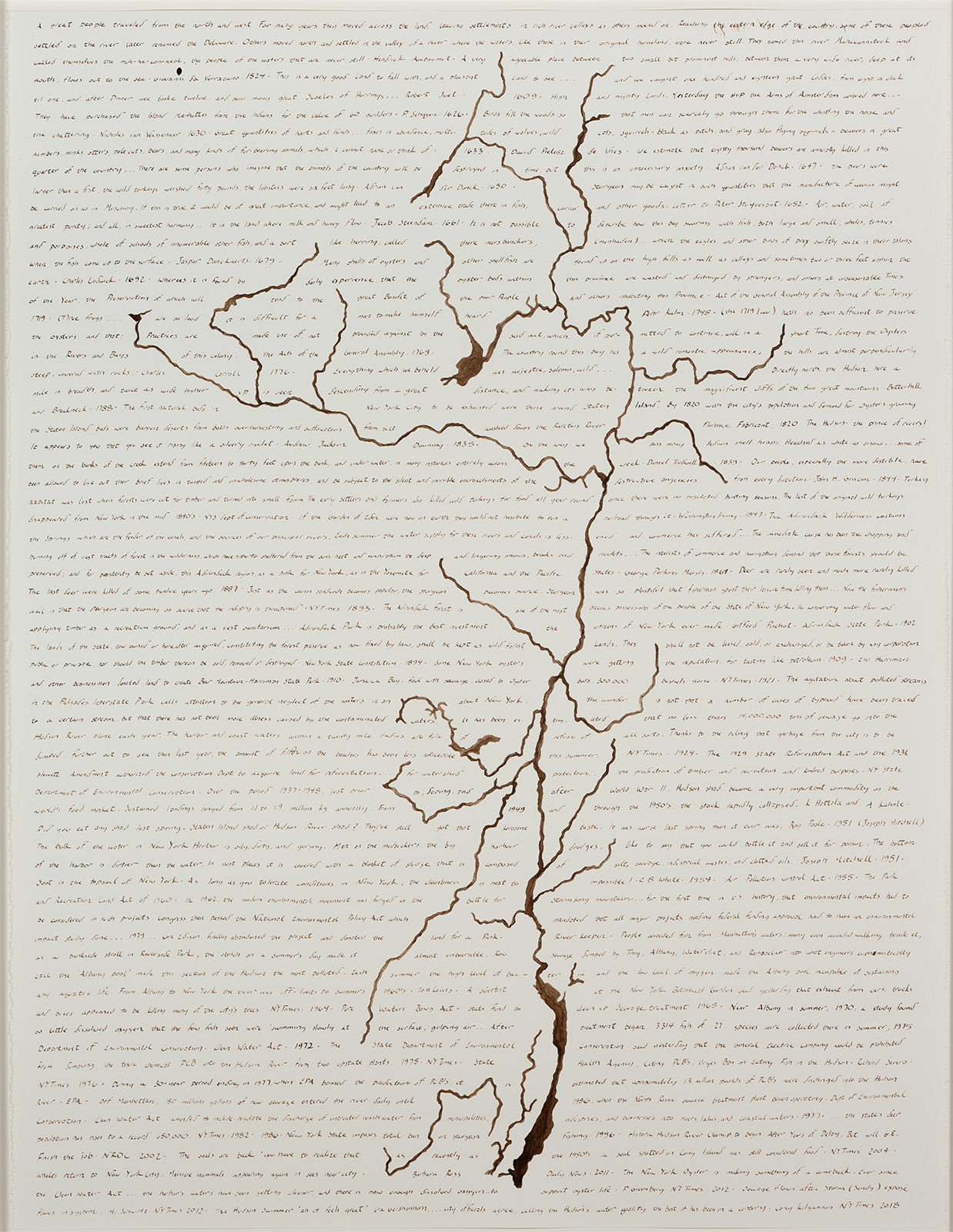 drawing of a river on a map on paper that has words hand written on the entire page