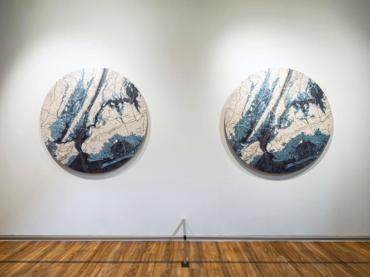 Image of two circular artworks that resemble nature with white, grey, and blue organic shapes.