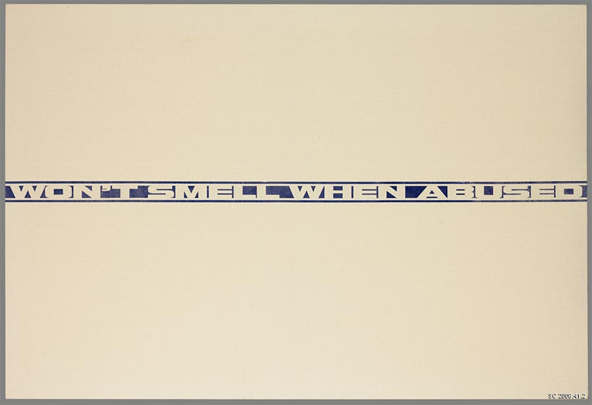 unpainted canvas with blue heat transfer letters across center saying: WON'T SMELL WHEN ABUSED, self-framed